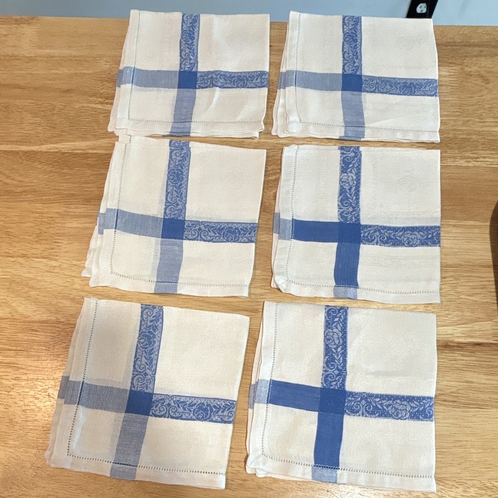 Set of 6 White & Blue Plaid Cloth Square Napkins, Hemstitched Border, No Stains